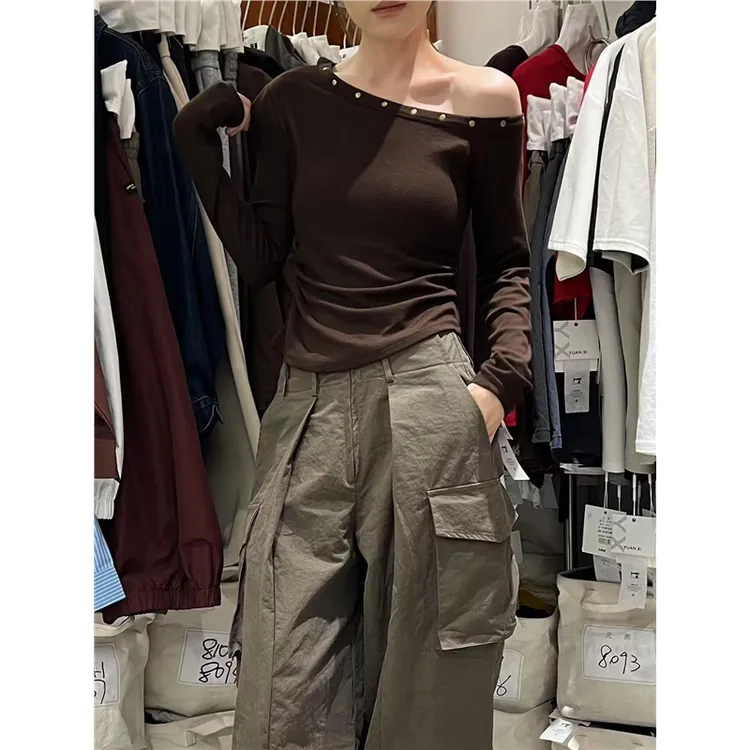 元熙！柳丁斜领！设计感露肩！早秋长袖T恤修身打底衫女上衣8140