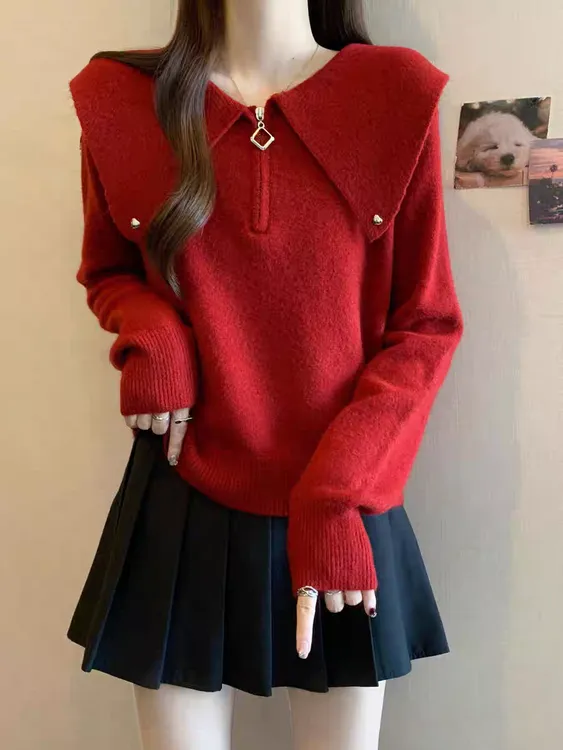 秋季厚款大翻领毛衣女毛针织衫上衣女装套头短款百搭保暖贴身内搭