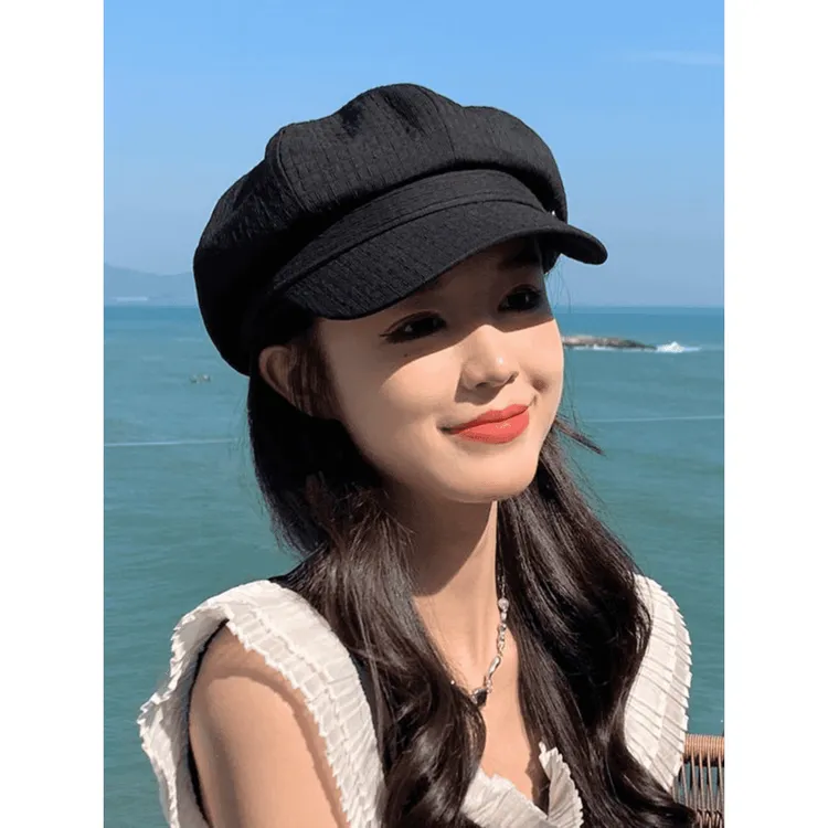 黑色八角贝雷帽女夏季薄款ins百搭日系报童帽子显脸小画家帽时尚