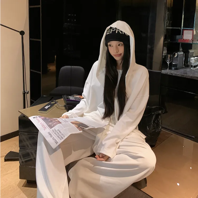 假两件披肩连帽T恤设计感宽松长袖上衣女秋季阔腿休闲裤两件套