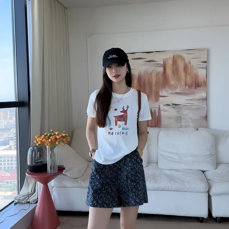 【余欢欢】夏季时尚潮流休闲百搭贴布小鹿圆领短袖T恤-YHW50553