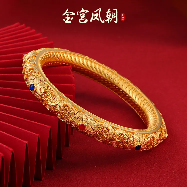足银珐琅手镯 金宫凤朝金繁花似锦气质足银999皇后花丝镯精美时尚