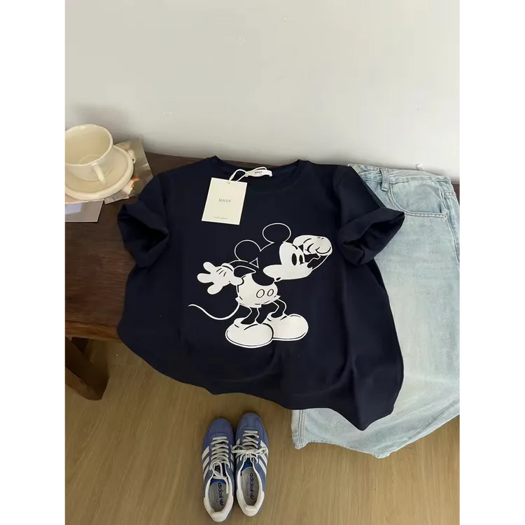 【汐月女神~挠头米奇】韩系新款夏季宽松卡通印花正肩短袖T恤女