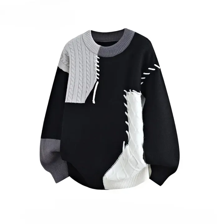 秋冬季复古时尚毛衣男潮流圆领宽松大码休闲百搭撞色针织衫外套潮