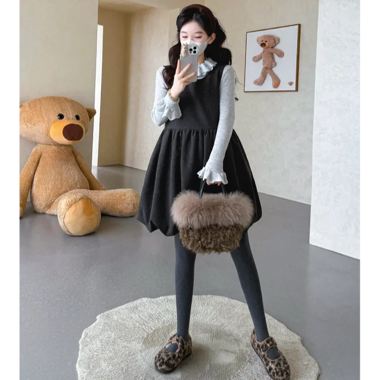 韩版时尚气质精致休闲两件套女花边上衣+波点花苞裙孕妇舒适套装