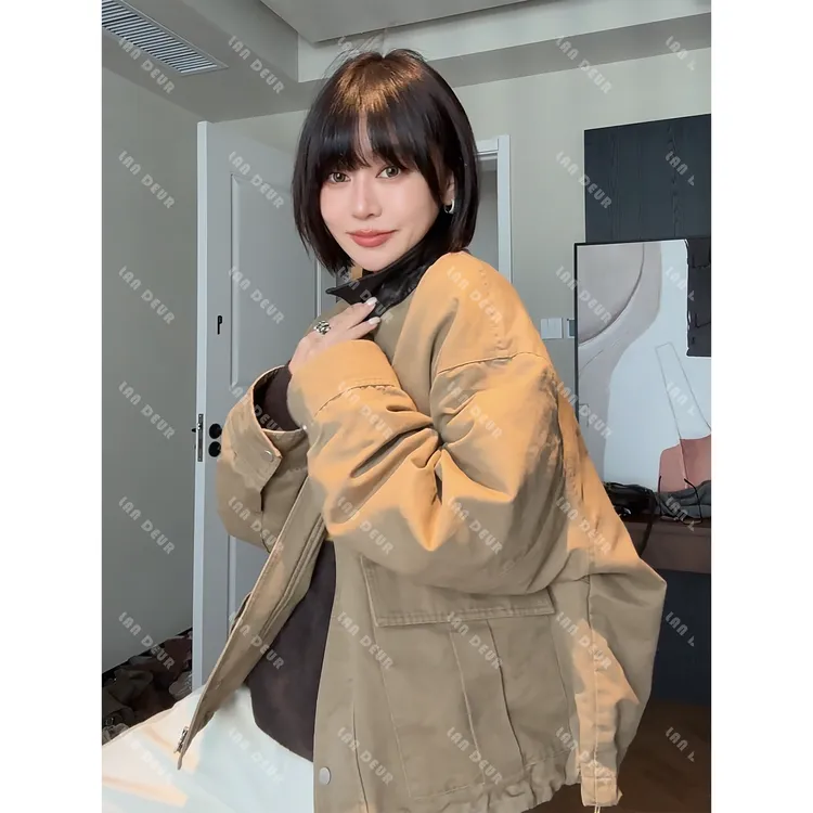 JIUJIU【奶酪陷阱】复古百搭简约宽松保暖拼接翻领鹅绒服外套上衣女