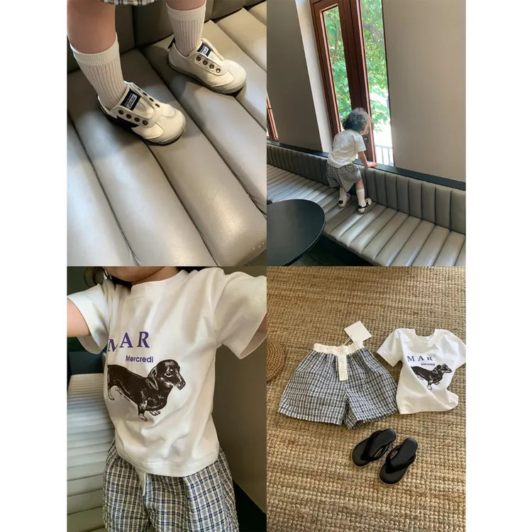 壹妈韩范童装女童时髦套装夏季新款洋气男女宝休闲印花短袖格子裤