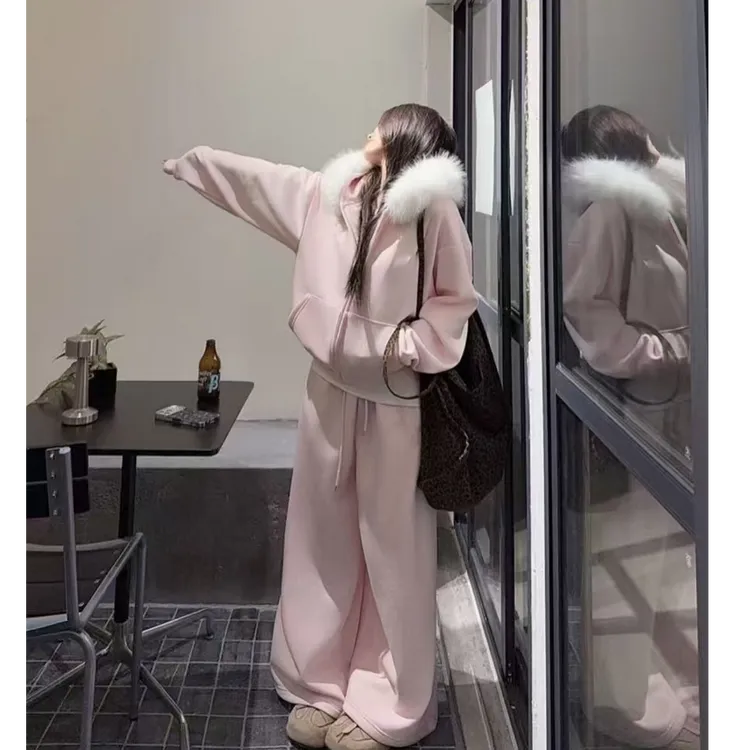 休闲运动套装女新款毛领可拆连帽加绒卫衣外套松紧腰阔腿裤两件套