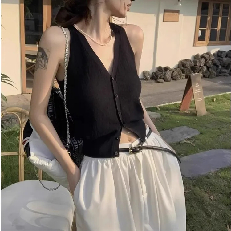 黑色v领内搭针织吊带背心马甲女夏季纯欲风无袖短款开衫上衣外穿