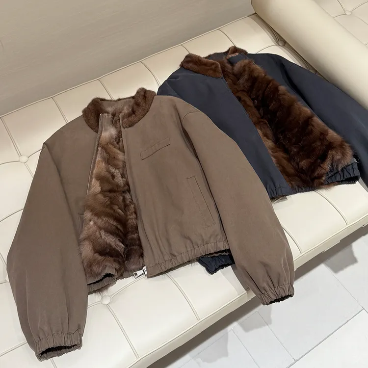 2025秋冬农夫色紫水貂白鹅绒翻领皮草外套女短款派克服夹克韩版