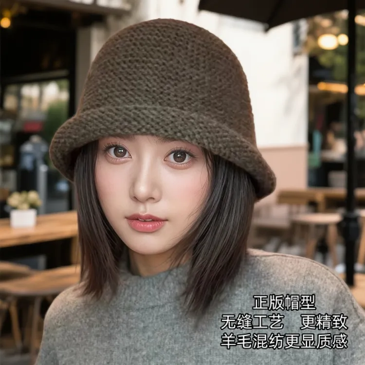 出口韩国粗针织卷边渔夫帽女秋冬季羊毛混纺大头围毛线帽保暖护耳