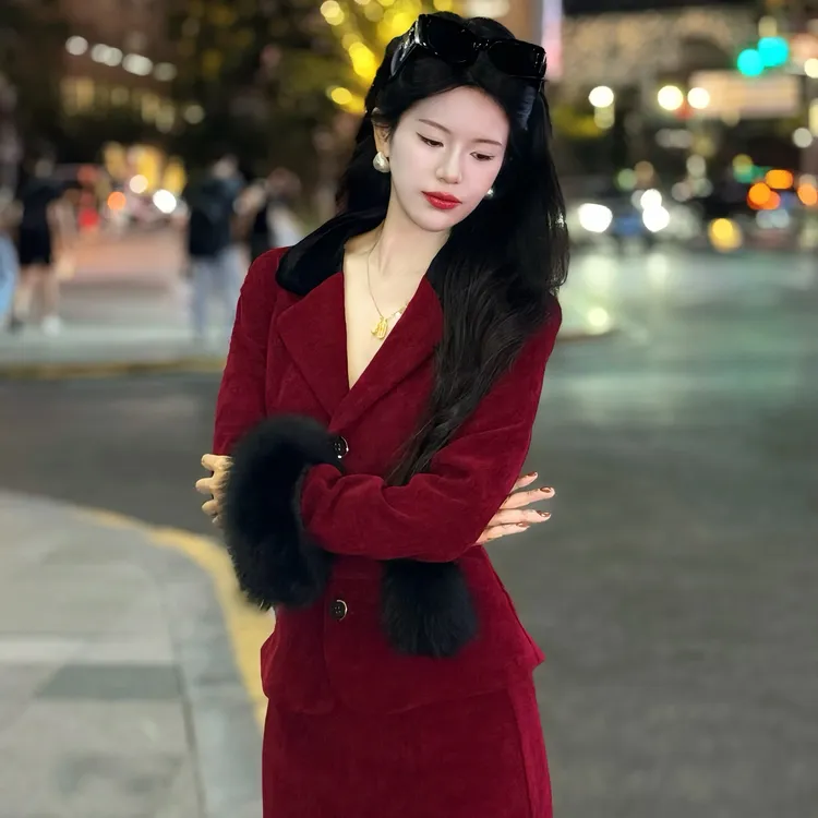 LHMknk1画报夫人原创小香风气质套装订婚礼服女你好红色大小姐