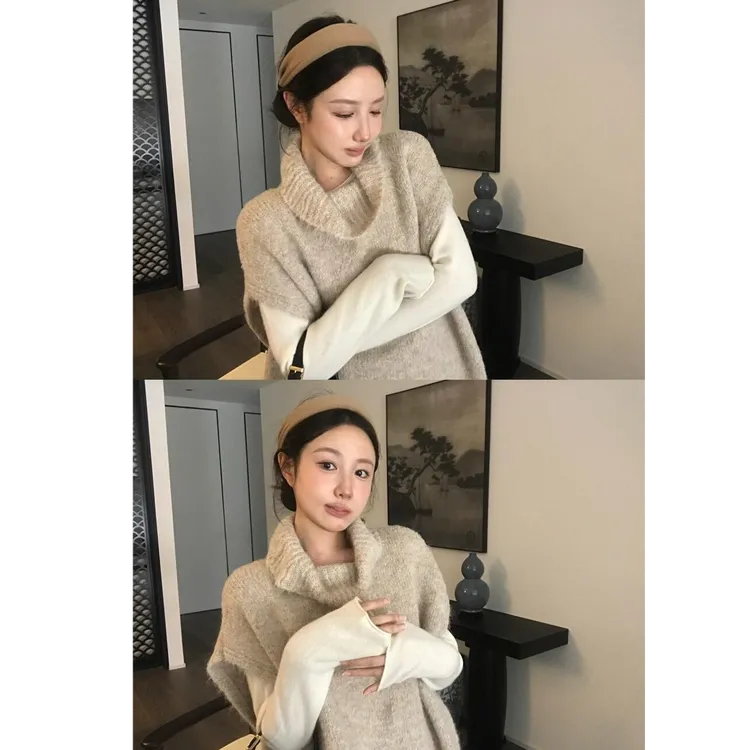 '燕麦奶泡'属于秋季叠穿思路高领背心毛衣慵懒无袖毛衫