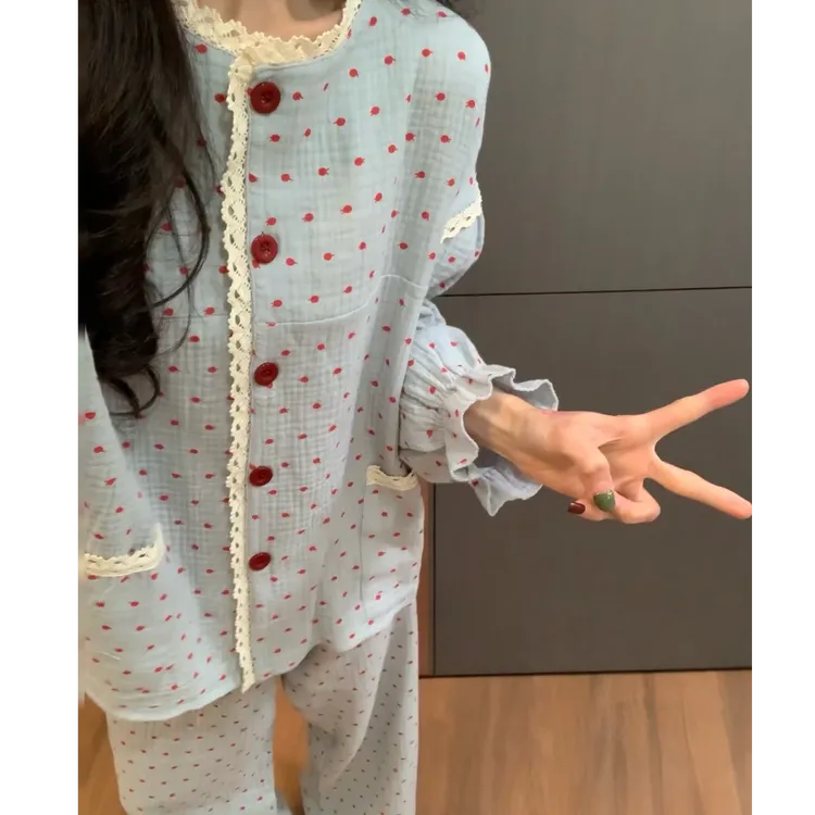 韩版复古设计感波点印花棉纱睡衣女春秋款2025新款纯棉家居服套装