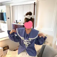 学院风海军领蓝条纹衬衫女春别致设计感蕾丝花边上衣