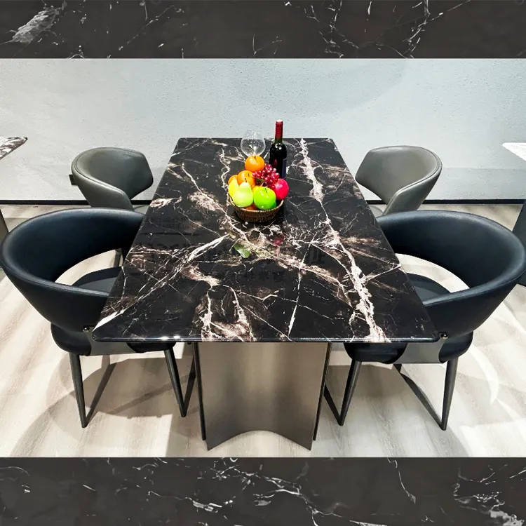 黑玫瑰天然大理石【不锈钢奔驰底座】长方形餐桌意式简约买桌赠枕头