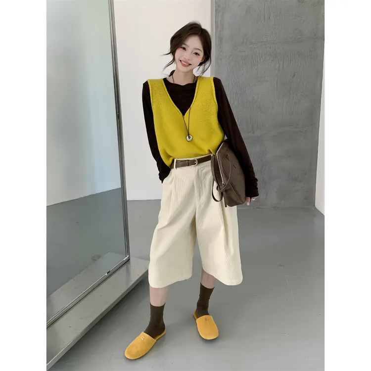 巨好看的三件套早秋韩系穿搭高级感黄色针织背心上衣阔腿裤套装女