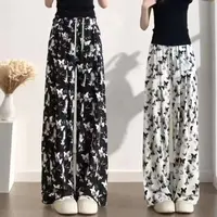 春秋款冰丝阔腿裤女国风休闲裤垂感扎染泼墨蝴蝶阔腿显瘦直筒裤子