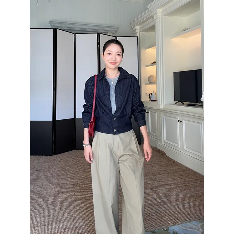 郭九九呢 棉质简约圆领牛仔衬衫外套休闲直筒阔腿长裤 G925Z08811