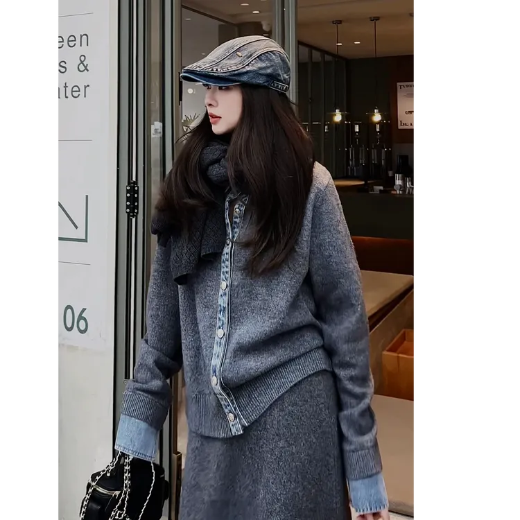 【容雨RYHOME】100%绵羊毛设计款牛仔polo领拼接羊毛开衫253M3262