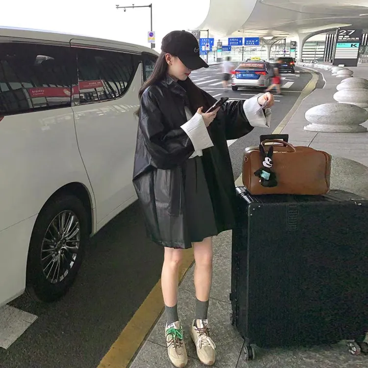 欧洲站春季新款立领单排扣条纹袖口中长款风衣皮衣PU皮外套上衣