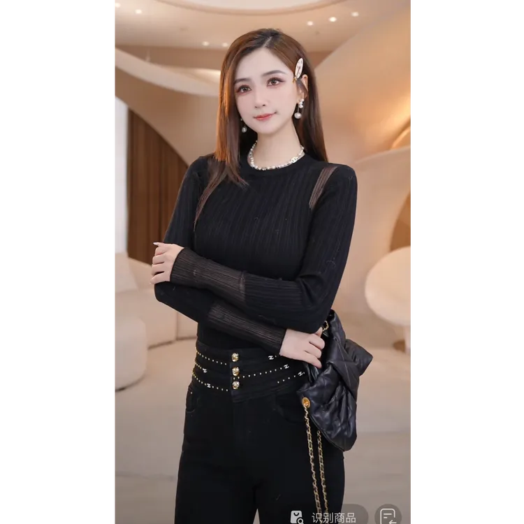 COCO BECCI【小田同款】绵羊毛蕾丝镂空露肩百搭针织衫CFLJD131222