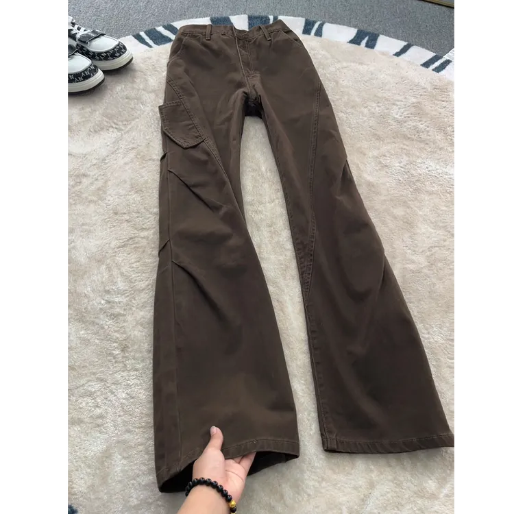 美式复古斜切纯棉牛仔裤男款秋冬褶皱遮肉显瘦工装裤潮牌加绒裤子