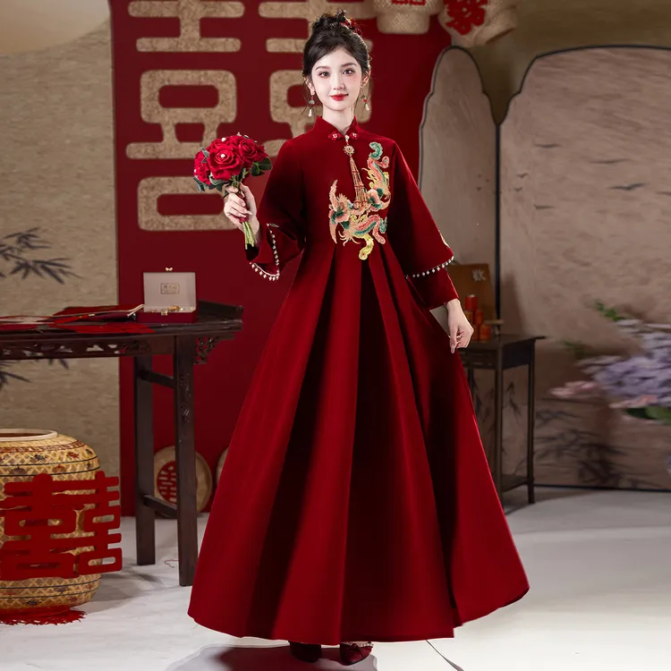 新中式红色孕妇敬酒服长袖新娘结婚订婚礼服女长款高端轻奢秋冬季