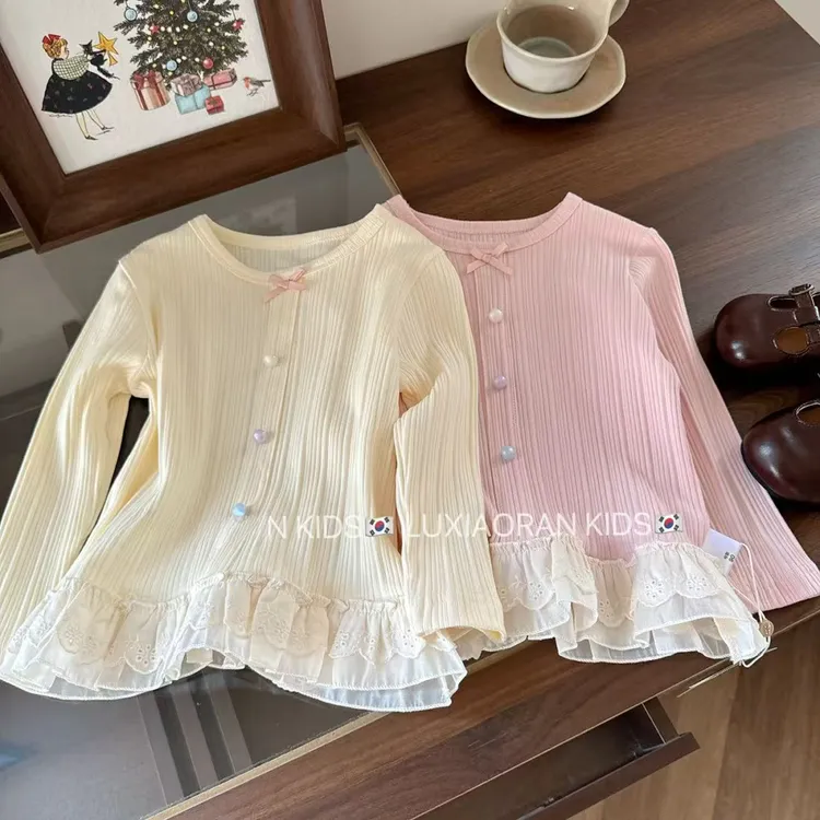 鹿小冉韩版女童甜美花边打底衫柔软打底衣秋季休闲穿搭时尚6012