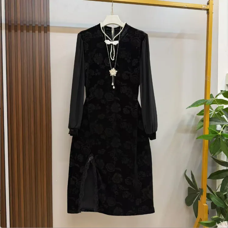 早秋新款时尚气质黑色复古优雅轻奢显瘦新中式大码旗袍连衣裙