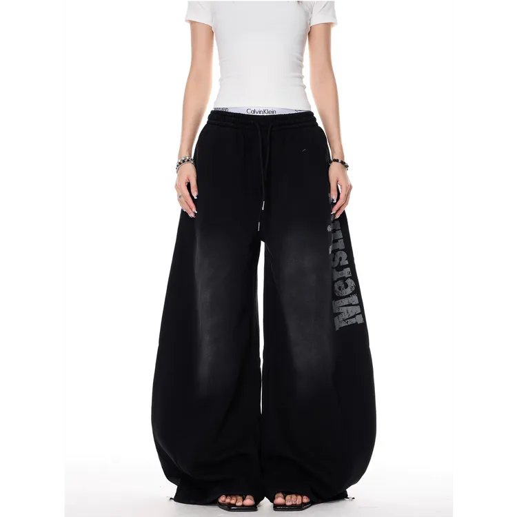 美式复古印花字母做旧阔腿休闲卫裤女宽松显瘦百搭垂感爵士舞春秋