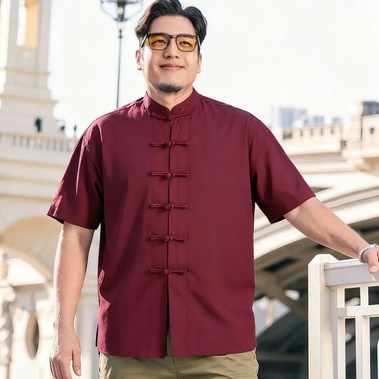 中式特大码盘扣短袖衬衫男立领汉服国风唐装肥佬加肥加大禅修衬衣