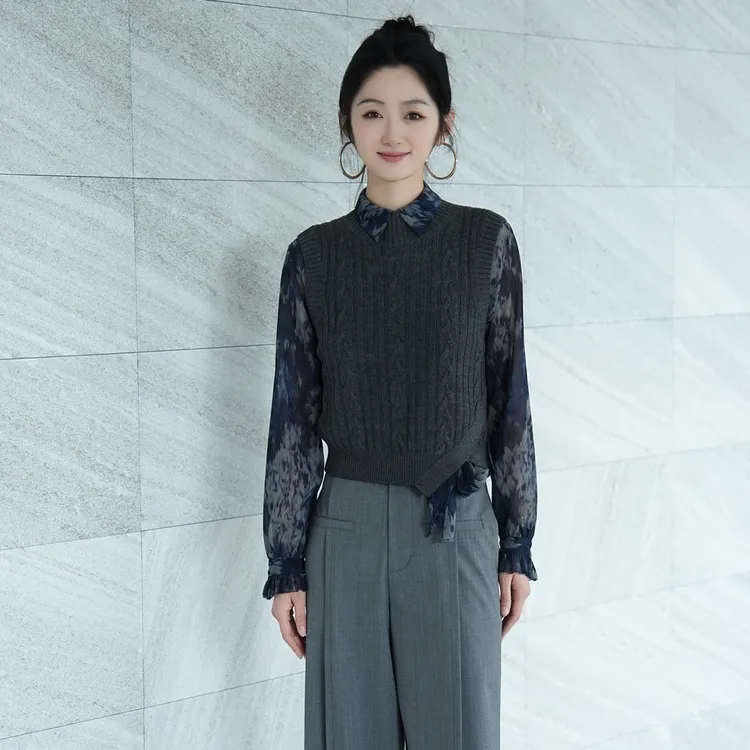 AMASS/阿玛施 水墨丹青新中式气质荷叶边雪纺纱质短款衬衫5300285