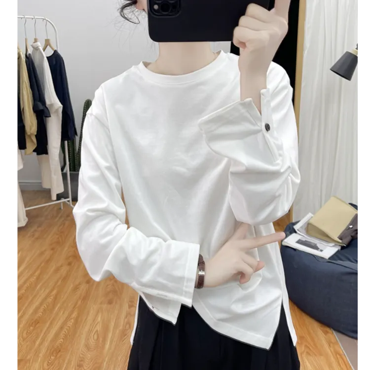设计纯棉时尚长袖纽扣T恤女减龄内搭上衣圆领宽松打底体恤春秋冬