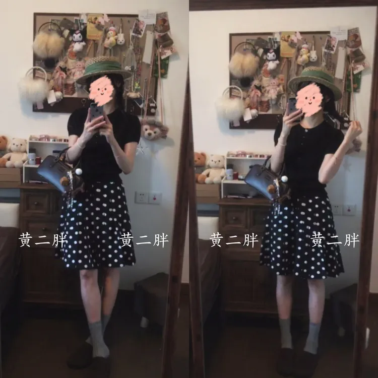 高级感黑色短袖T恤女+高腰波点显瘦半身裙两件套2025夏季新款