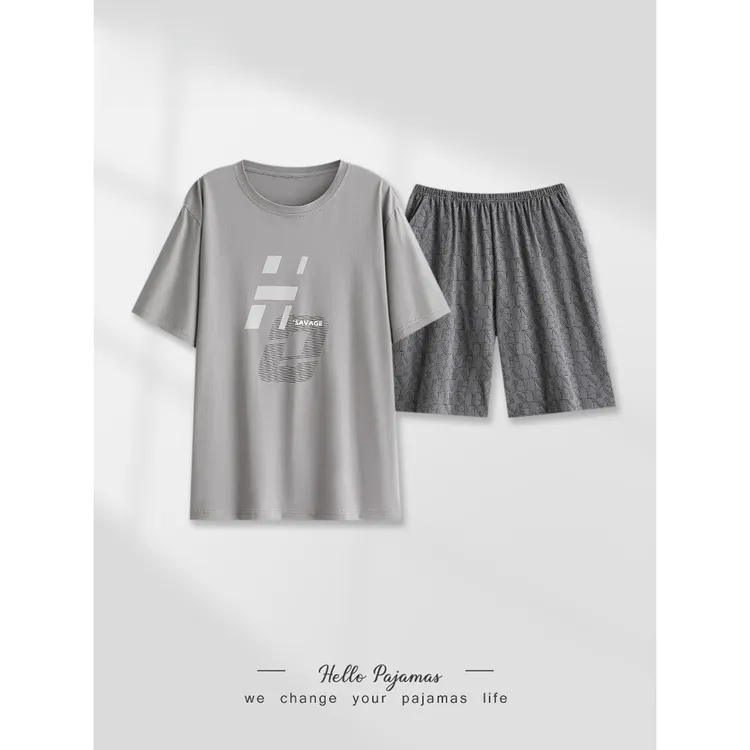 睡衣男款夏季纯棉拉架薄款短袖短裤时尚简约青少年宽松家居服套装