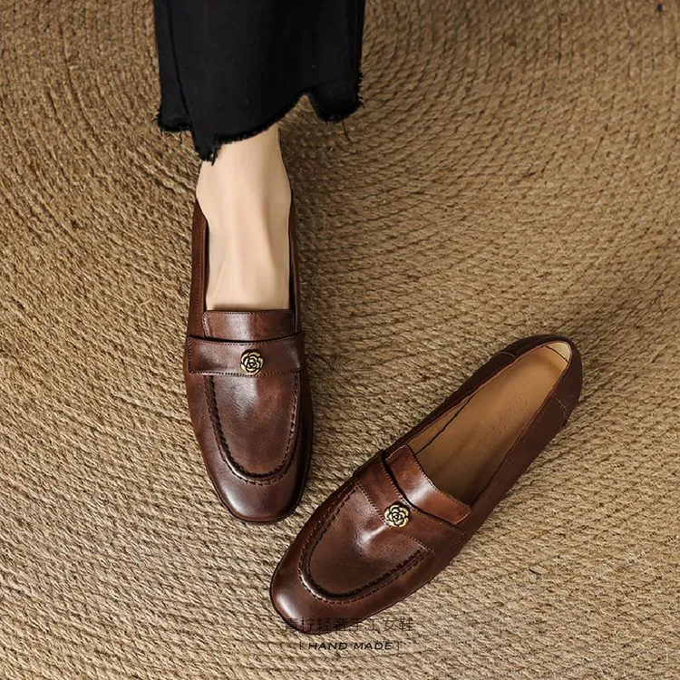 复古简约~2.5cm头层牛皮山茶花乐福鞋女真皮时尚百搭低跟软底软皮