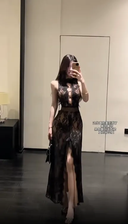 性感黑色蕾丝镂空挖肩连衣裙女装2025夏季露背收腰显瘦包臀长裙子