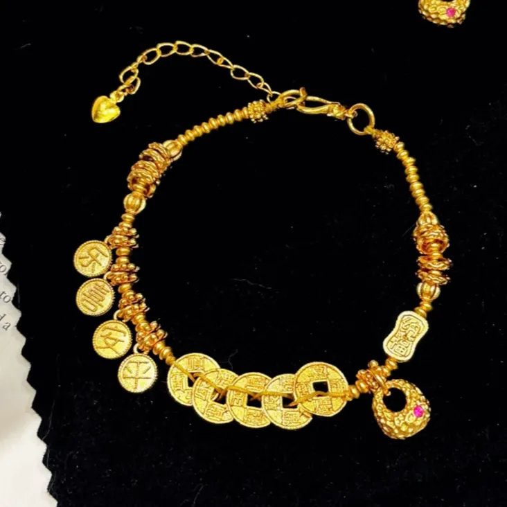 铜合金手链 【平安喜乐五帝钱盘缠手链】新中式复古百搭国风手串