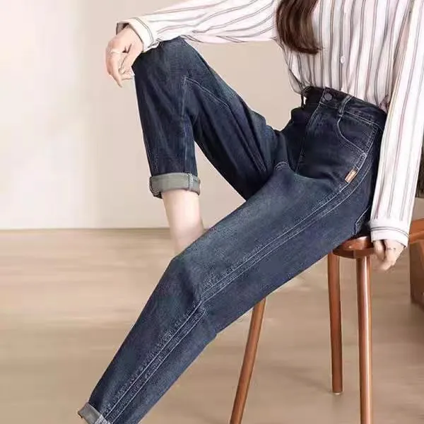 女士秋冬加绒复古高腰显瘦宽松牛仔老爹裤KZ-003