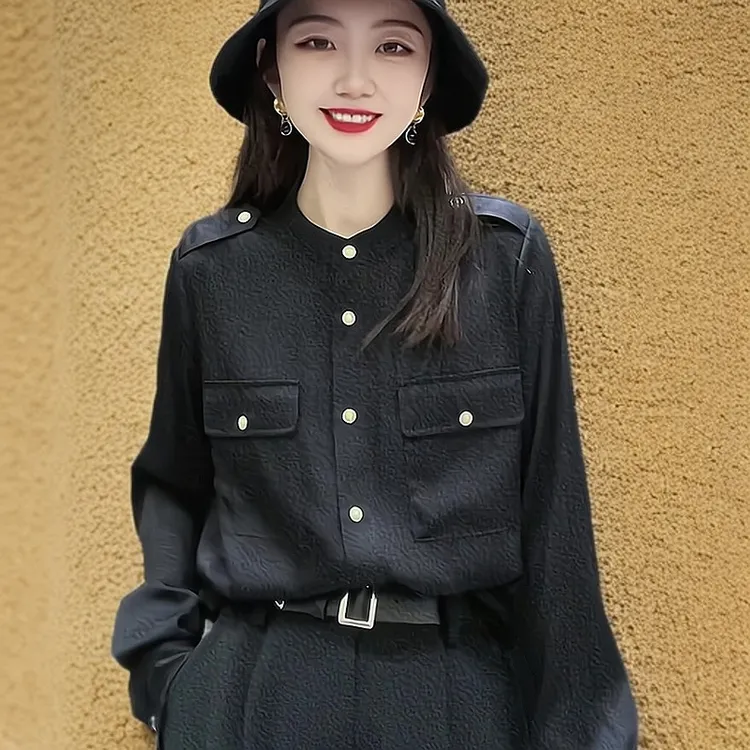 大码欧货遮肉显瘦春季新款女装黑色缎面垂感衬衫高级感开衫上衣潮