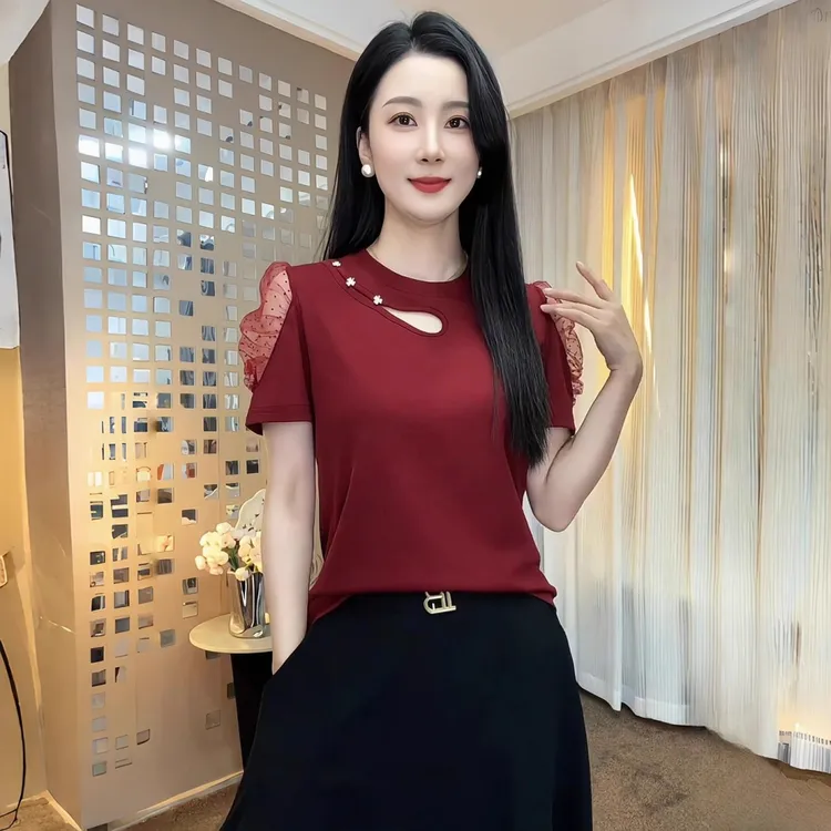 时尚短袖T恤女夏季新款蕾丝拼接镂空体恤衫洋气减龄显瘦百搭上衣