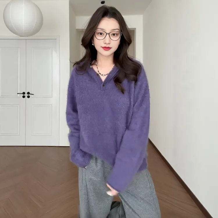 大码女装超好看紫色连帽毛衣内搭针织衫秋冬胖mm显瘦打底长袖上衣