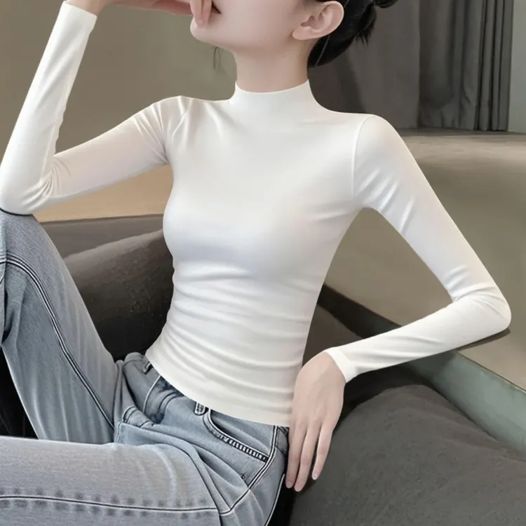 莫代尔白色半高领长袖打底衫女2025新款秋季显瘦冰丝内搭修身上衣