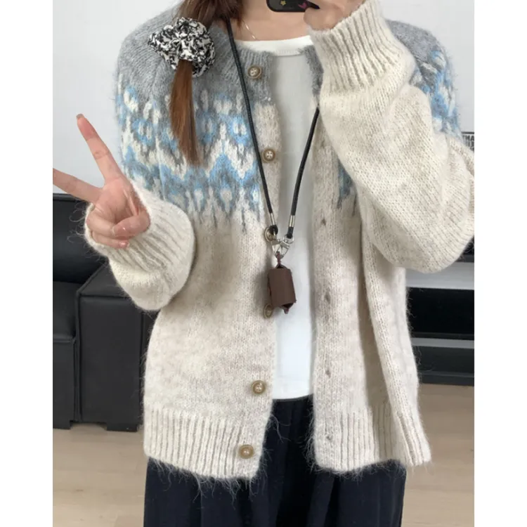 复古费尔岛提花毛衣外套女秋冬季加厚宽松慵懒风内搭叠穿针织开衫