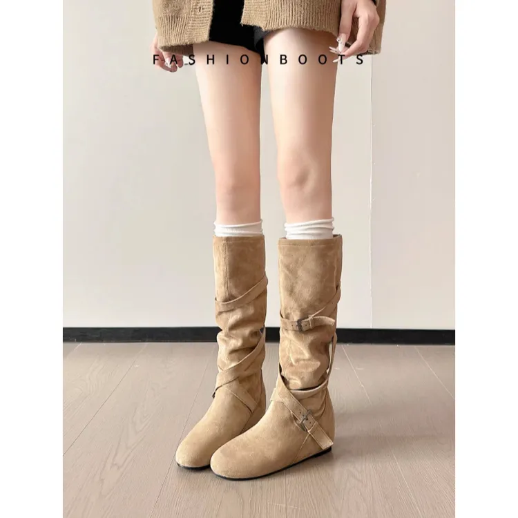 复古美拉德内增高5cm堆堆靴女显瘦交叉扣带中筒西部靴骑士靴长靴