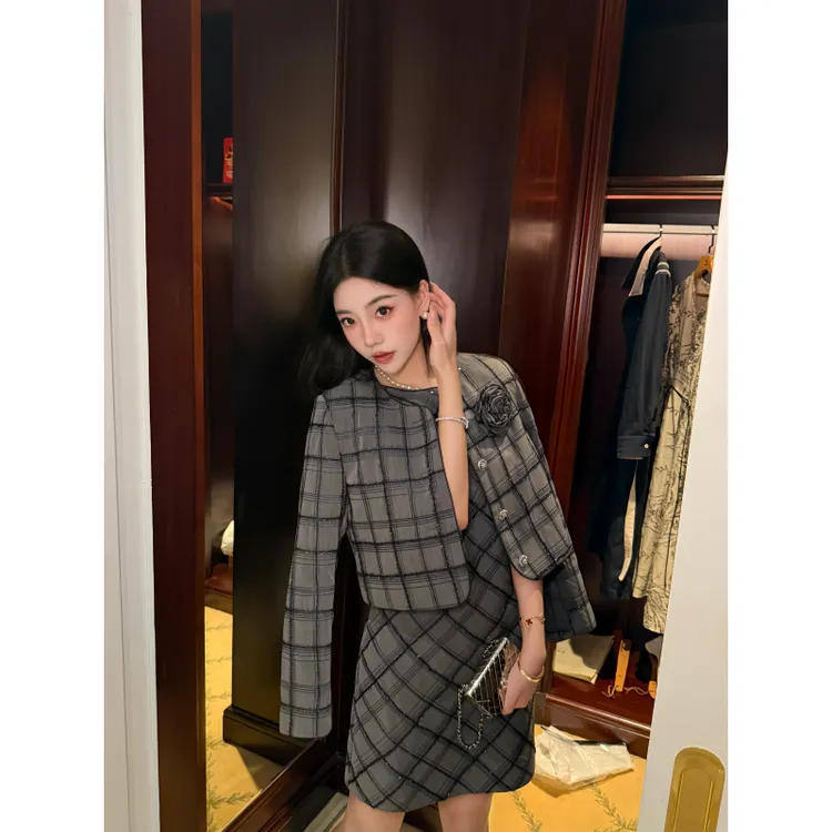 徐开开 灰蓝色 温柔千金新款法式优雅连衣裙女收腰显瘦长袖外套