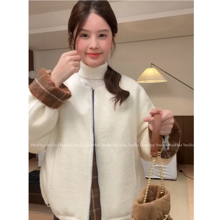 【花花】羊糕羽绒服~韩系撞色格子袖口拼接设计显瘦双开拉链外套