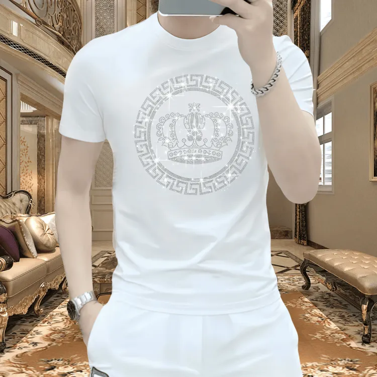 高品质男士新款时尚百搭短袖休闲夏季冰丝潮流修身烫钻圆领T恤衫