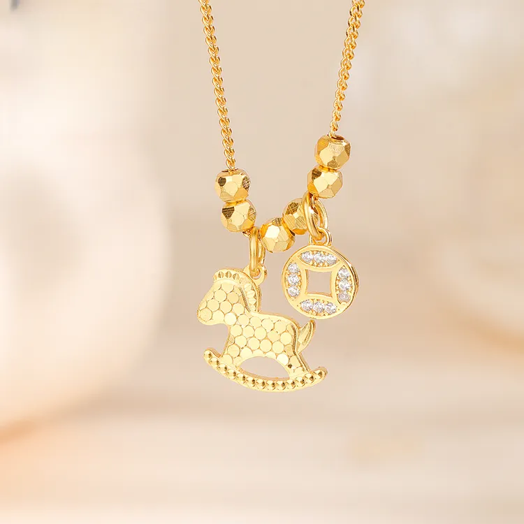 吊坠925银锆石 新款马年纯银马上有钱项链女工艺爆闪小木马锁骨链